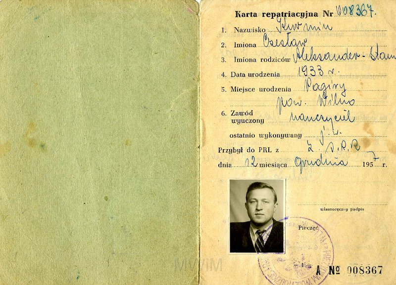KKE 4544-2.jpg - Karta Repatriacyjna Czesława Kurmina, 1957 r.